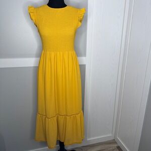 Nanette Lepore Midi Dress Women Size 6 Yellow Smocked Flutter Sleeve Tiered